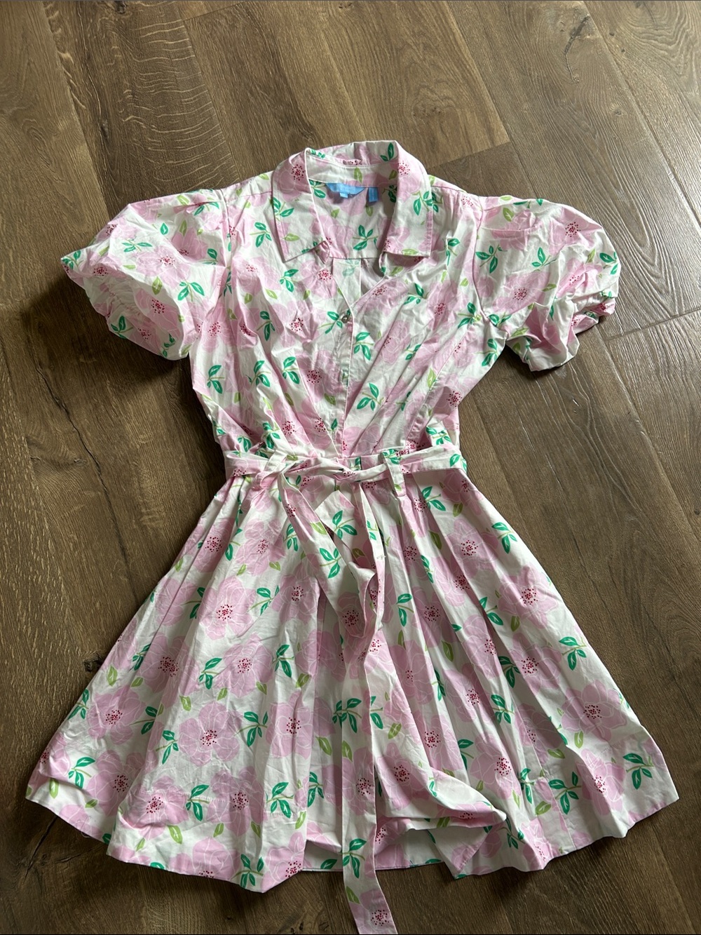 Draper James Pink Floral Shirt Dress with Green Leaf Print